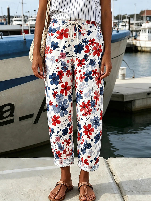 Mid Waist Printed Drawstring Khaki Pants Non-Stretch Spring Summer