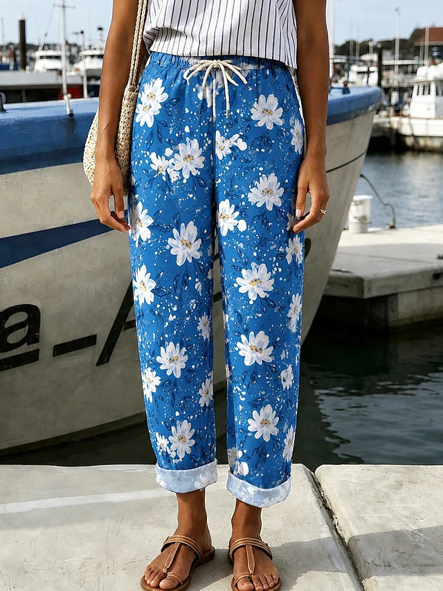 Mid Waist Printed Drawstring Khaki Pants Non-Stretch Spring Summer