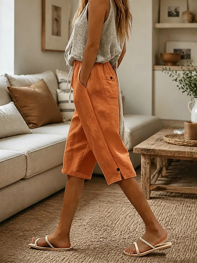 Solid Cotton Linen Capri Pants Drawstring Pockets Stretch Outdoor