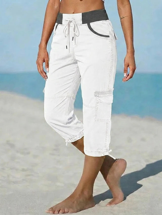 Retro Sport Knee-Length Cargo Pants Women Mid Waist Non-Stretch