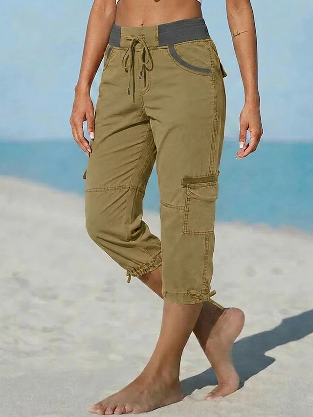 Retro Sport Knee-Length Cargo Pants Women Mid Waist Non-Stretch