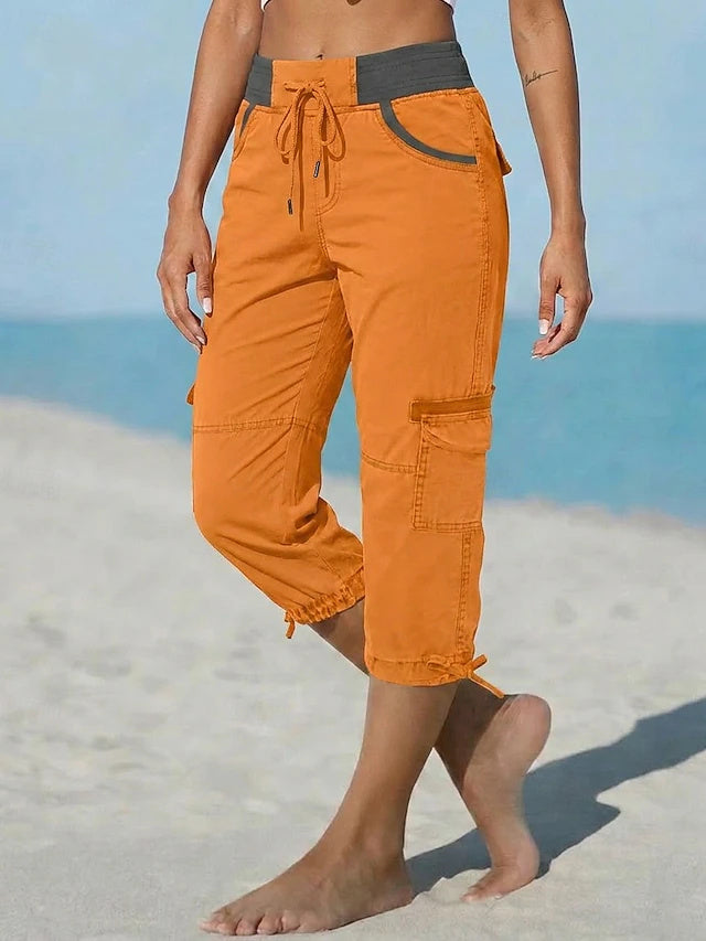 Retro Sport Knee-Length Cargo Pants Women Mid Waist Non-Stretch