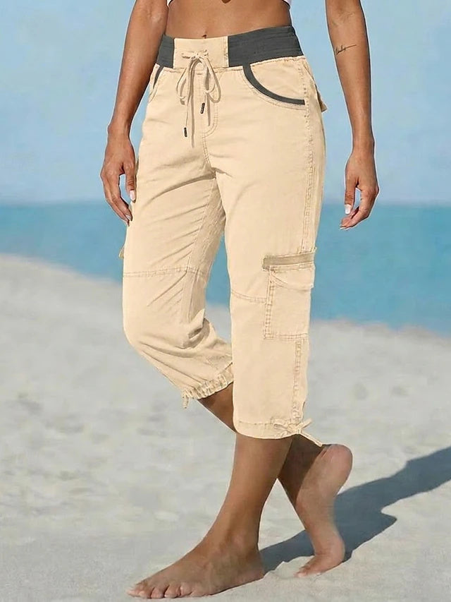 Retro Sport Knee-Length Cargo Pants Women Mid Waist Non-Stretch
