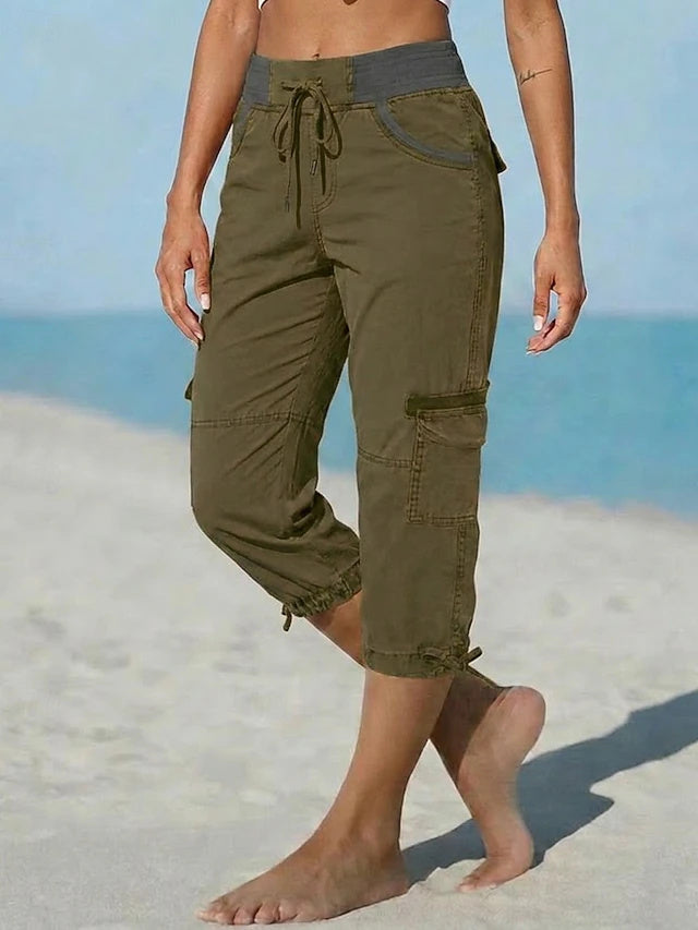 Retro Sport Knee-Length Cargo Pants Women Mid Waist Non-Stretch