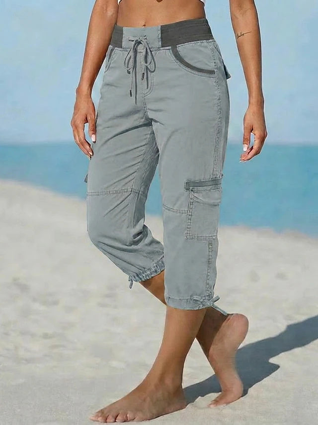 Retro Sport Knee-Length Cargo Pants Women Mid Waist Non-Stretch