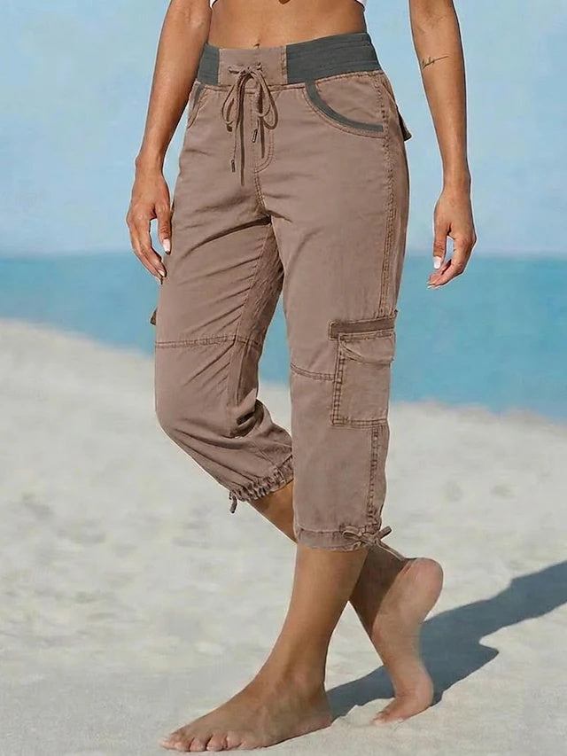 Retro Sport Knee-Length Cargo Pants Women Mid Waist Non-Stretch