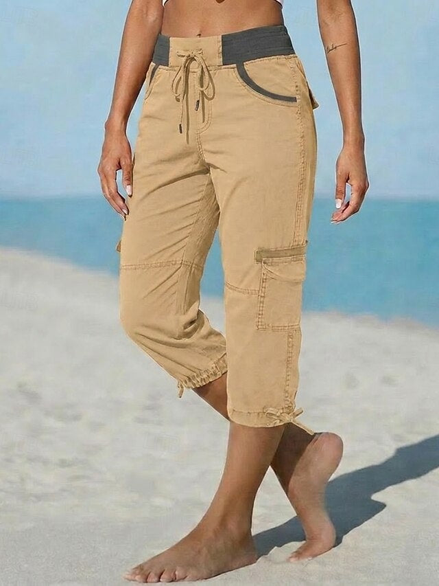 Retro Sport Knee-Length Cargo Pants Women Mid Waist Non-Stretch