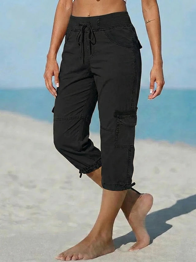 Retro Sport Knee-Length Cargo Pants Women Mid Waist Non-Stretch