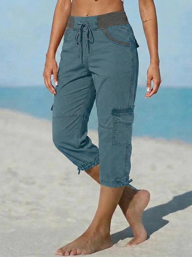 Retro Sport Knee-Length Cargo Pants Women Mid Waist Non-Stretch