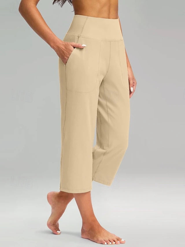 High Waist Twill Capri Wide Leg Pants Stretch Yoga Spring