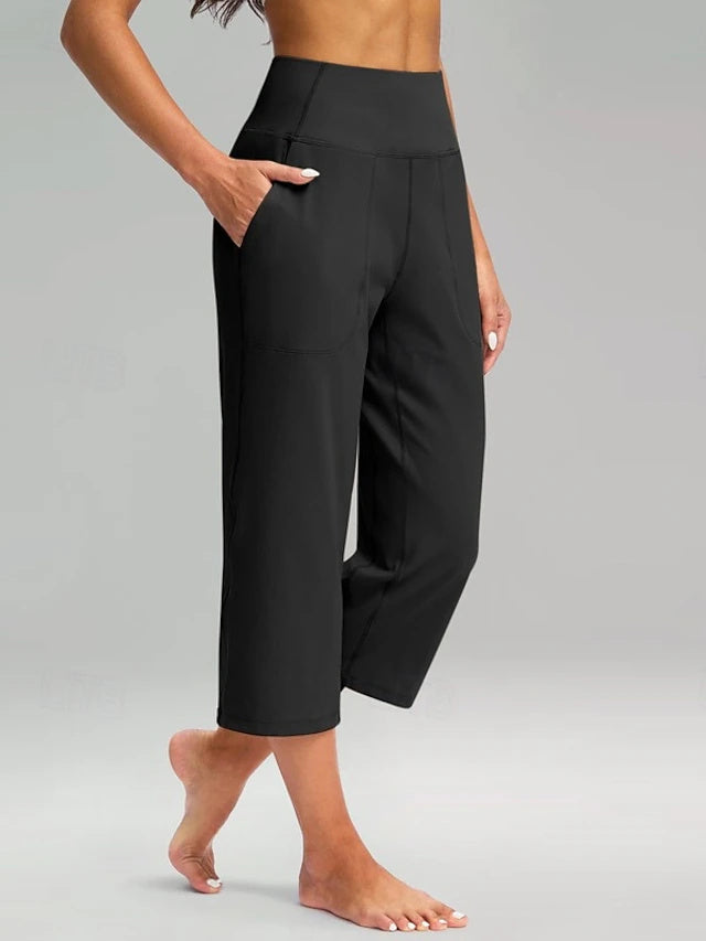 High Waist Twill Capri Wide Leg Pants Stretch Yoga Spring