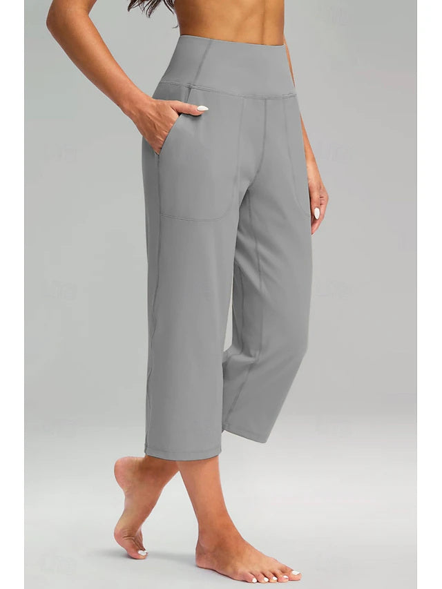 High Waist Twill Capri Wide Leg Pants Stretch Yoga Spring