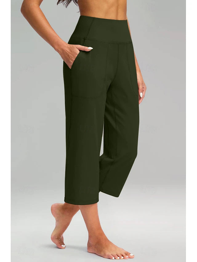 High Waist Twill Capri Wide Leg Pants Stretch Yoga Spring