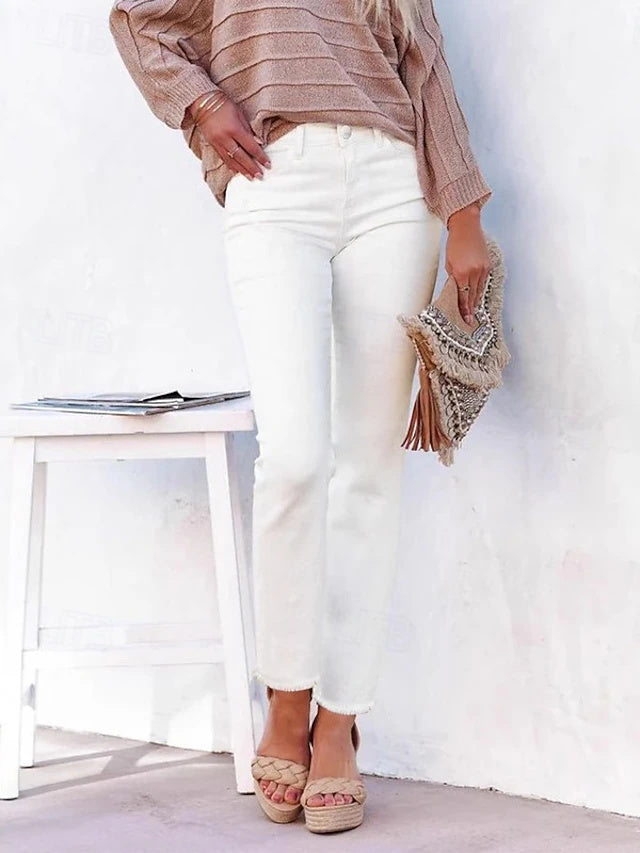 White Mid Waist Ankle Straight Pants High Stretch Spring Summer