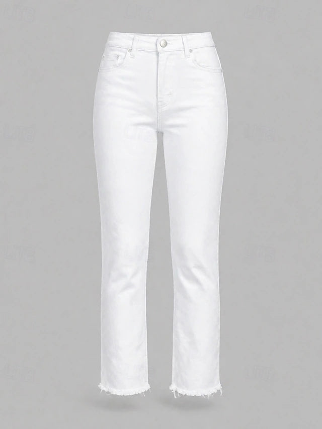 White Mid Waist Ankle Straight Pants High Stretch Spring Summer
