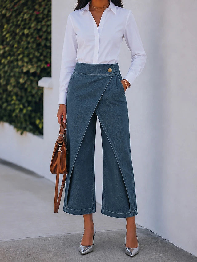 High Waist Ankle Wide Leg Denim Khaki Pants Slight Stretch Spring Summer