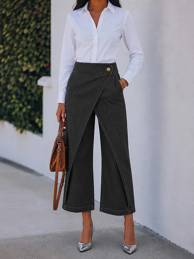 High Waist Ankle Wide Leg Denim Khaki Pants Slight Stretch Spring Summer