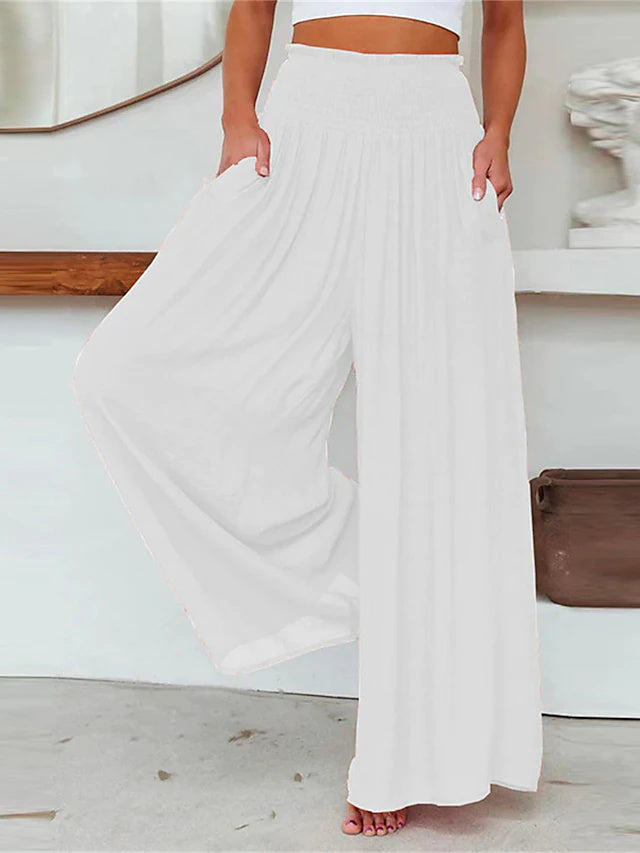 Women's High Waist Full Length Solid Wide Leg Pants, Elastic Waist with Pockets, Slight Stretch & Breathable for Casual, Vacation & Loungewear