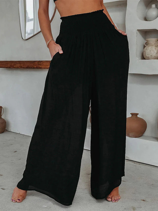 Women's High Waist Full Length Solid Wide Leg Pants, Elastic Waist with Pockets, Slight Stretch & Breathable for Casual, Vacation & Loungewear