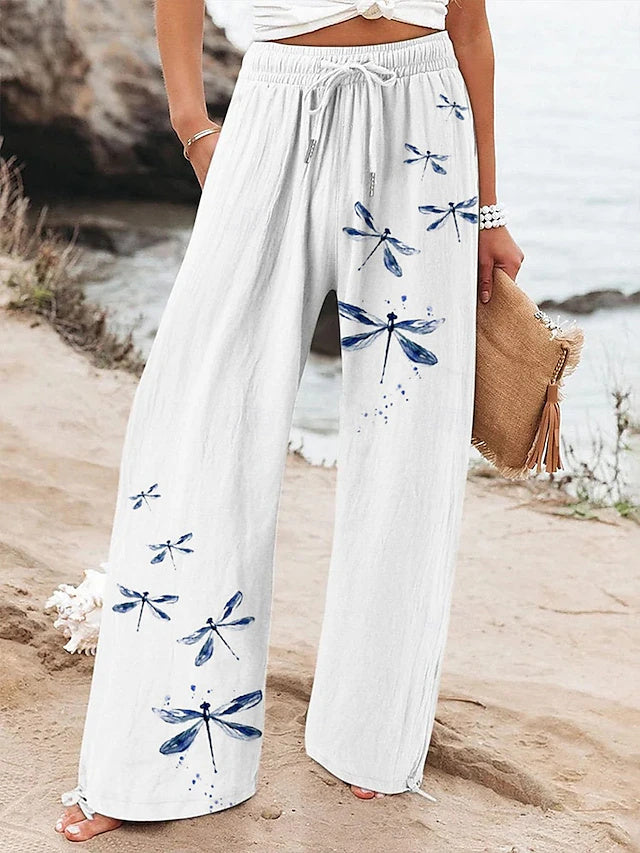 Women's High Waist Full Length Printed/Floral Wide Leg Beach Pants, Retro Style with Drawstring, Soft Breathable Slight Stretch for Daily & Vacation