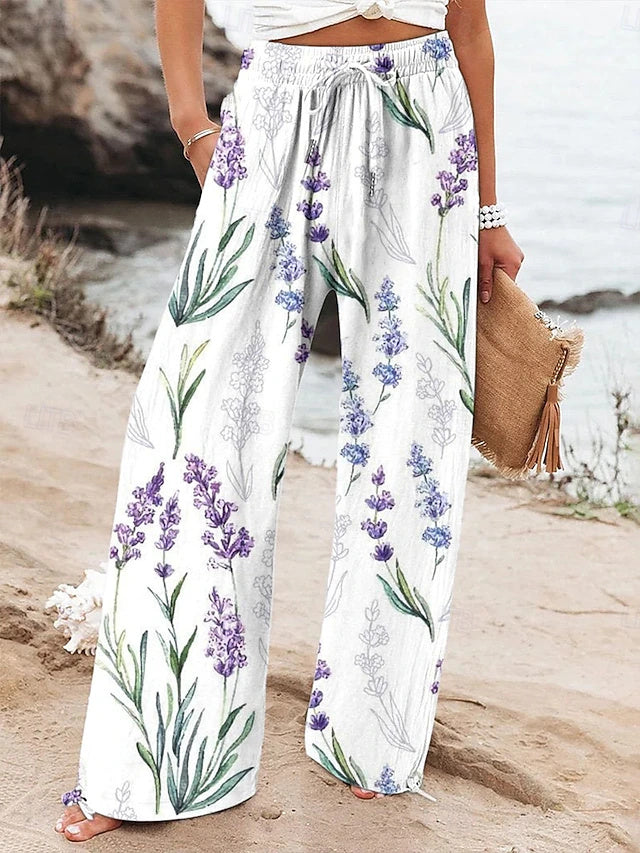 Women's High Waist Full Length Printed/Floral Wide Leg Beach Pants, Retro Style with Drawstring, Soft Breathable Slight Stretch for Daily & Vacation