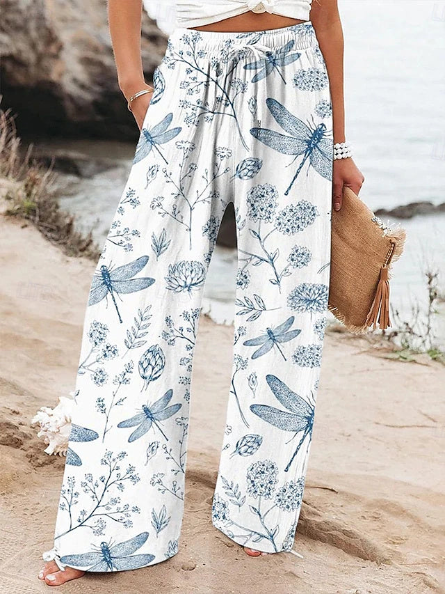 Women's High Waist Full Length Printed/Floral Wide Leg Beach Pants, Retro Style with Drawstring, Soft Breathable Slight Stretch for Daily & Vacation