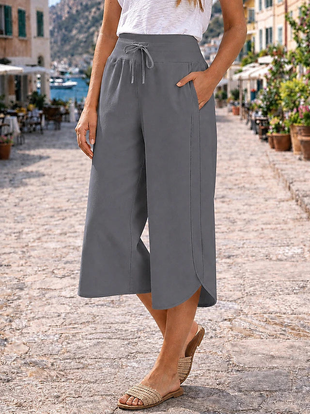 High Waist Solid Capri Wide Leg Pants Drawstring Pockets Elastic