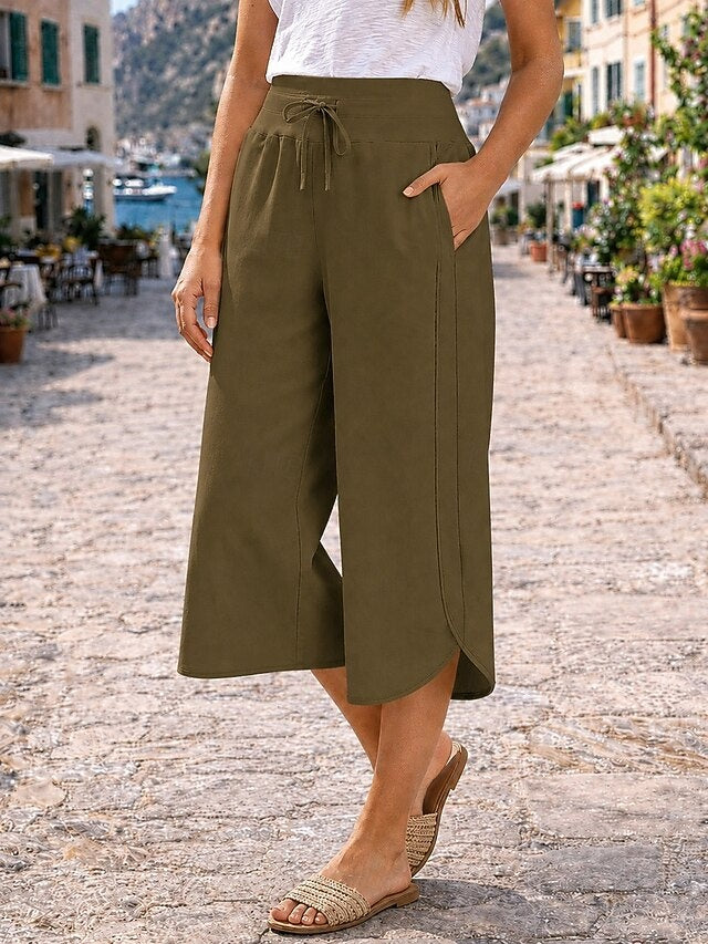 High Waist Solid Capri Wide Leg Pants Drawstring Pockets Elastic