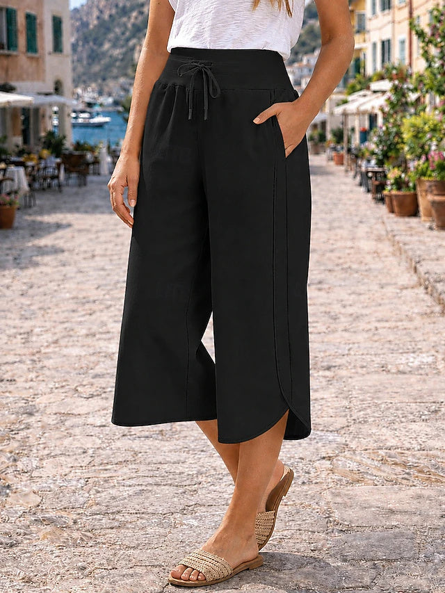 High Waist Solid Capri Wide Leg Pants Drawstring Pockets Elastic