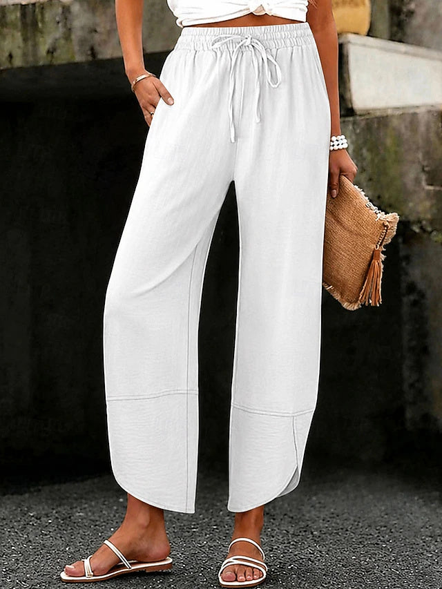 High Waist Solid Ankle Pants Elastic Waist Non-Stretch Summer