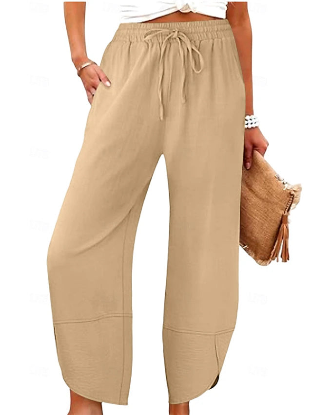 High Waist Solid Ankle Pants Elastic Waist Non-Stretch Summer
