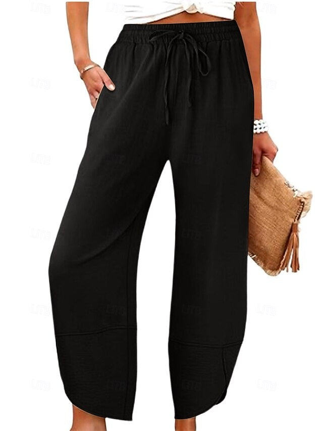 High Waist Solid Ankle Pants Elastic Waist Non-Stretch Summer