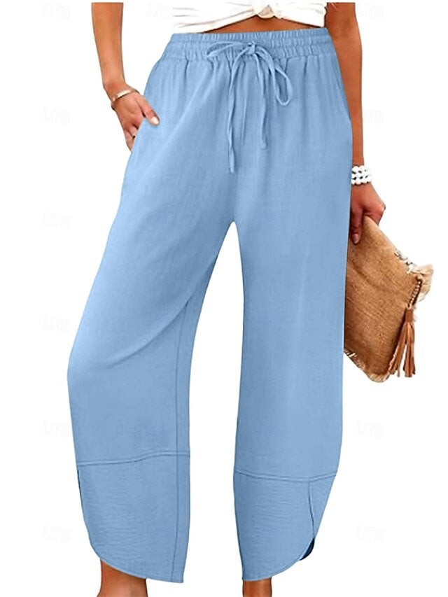 High Waist Solid Ankle Pants Elastic Waist Non-Stretch Summer