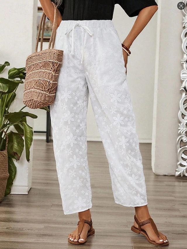 High Waist Solid Ankle Pants Embroidered Pockets Non-Stretch