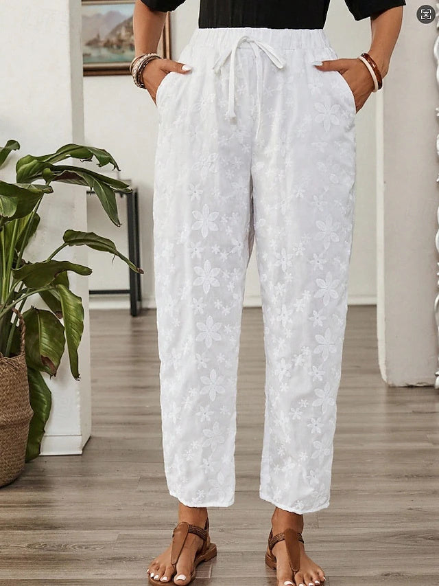High Waist Solid Ankle Pants Embroidered Pockets Non-Stretch