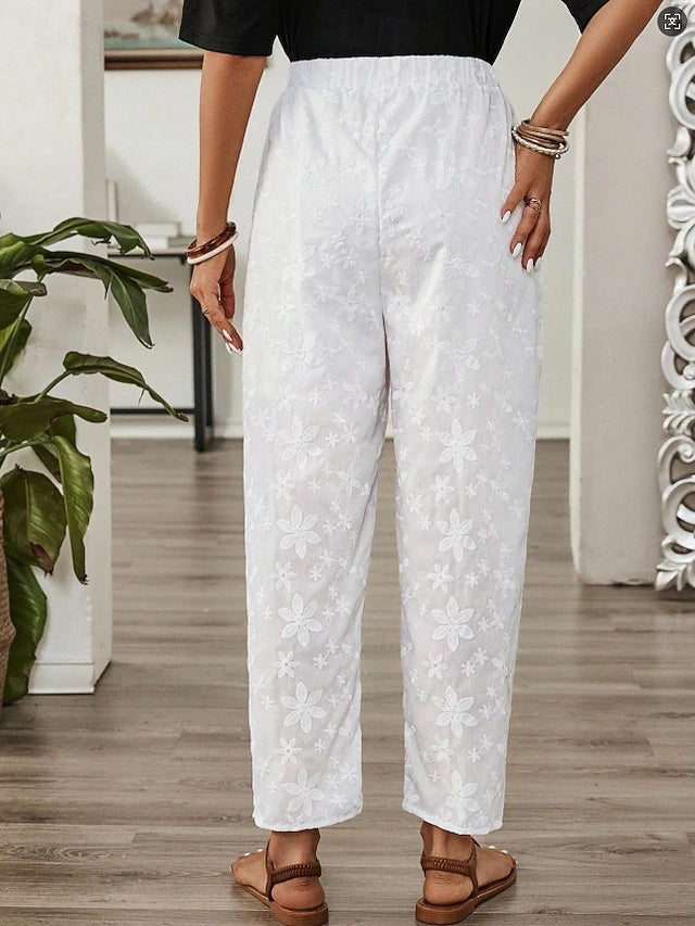 High Waist Solid Ankle Pants Embroidered Pockets Non-Stretch