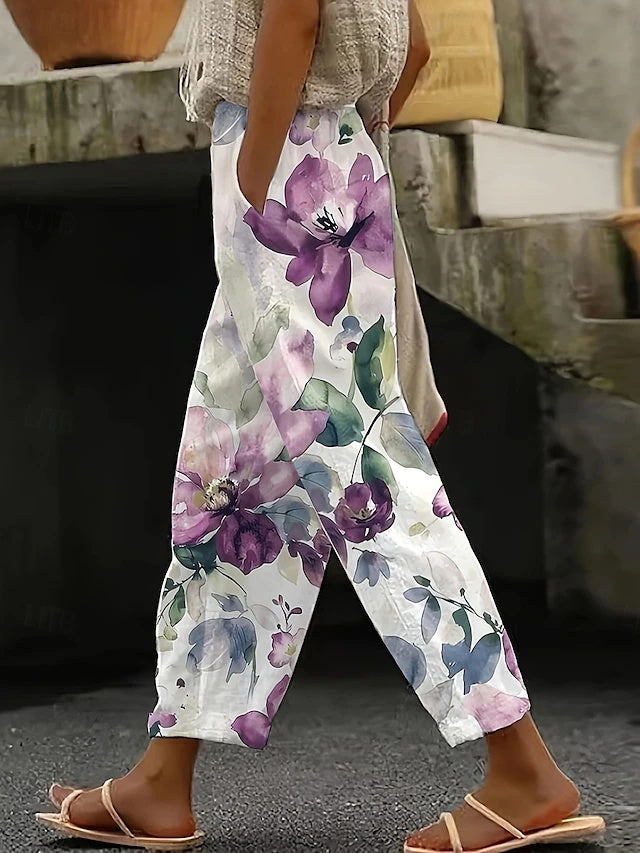 High Waist Floral Leaf Linen Pants Loose Slight Stretch