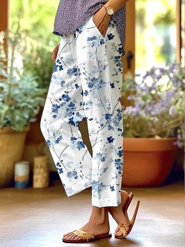 High Waist Floral Leaf Linen Pants Loose Slight Stretch