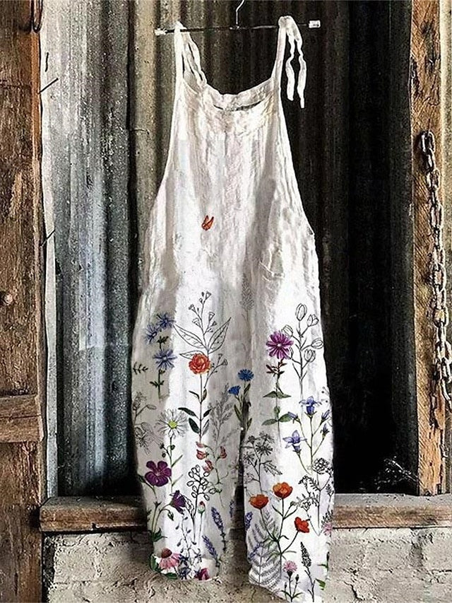 Mid Waist Printed Ankle Jumpsuit Lightweight Non-Stretch Summer