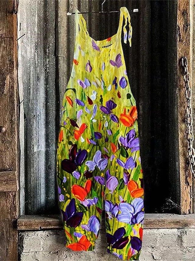 Mid Waist Printed Ankle Jumpsuit Lightweight Non-Stretch Summer