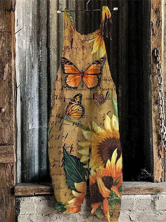 Mid Waist Printed Ankle Jumpsuit Lightweight Non-Stretch Summer