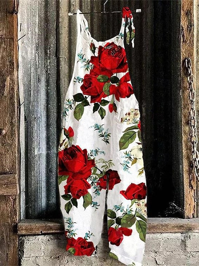 Mid Waist Printed Ankle Jumpsuit Lightweight Non-Stretch Summer