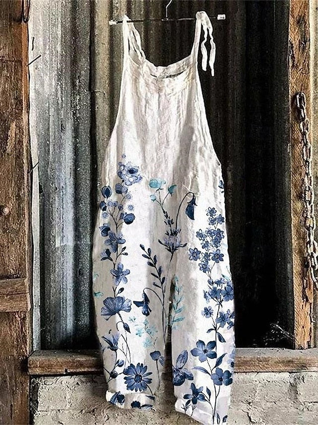 Mid Waist Printed Ankle Jumpsuit Lightweight Non-Stretch Summer