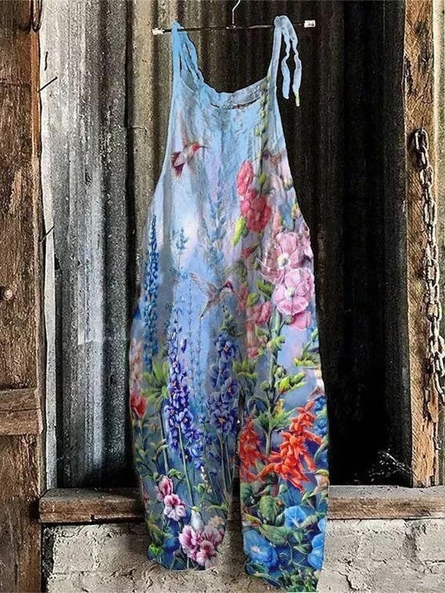 Mid Waist Printed Ankle Jumpsuit Lightweight Non-Stretch Summer