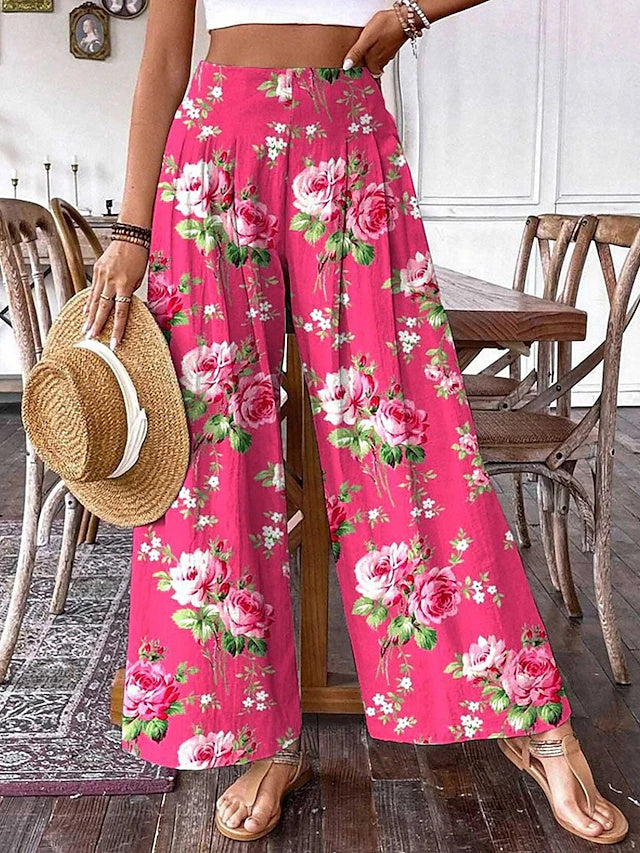 Bohemian Printed Wide Leg Pants High Waist Slight Stretch Spring Summer