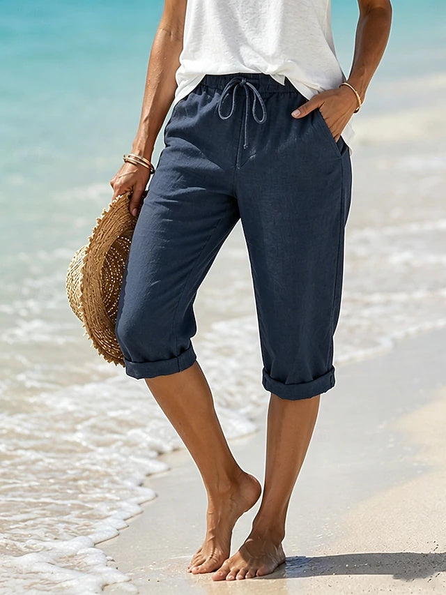 Cotton Linen Capri Khaki Pants Drawstring Non-Stretch Summer