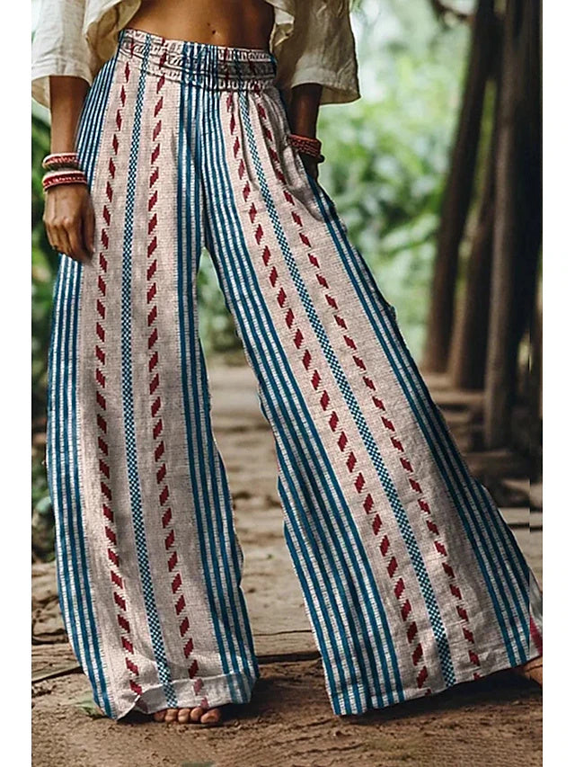 Ethnic Printed Wide Leg Pants Quick-dry Non-Stretch Spring Summer