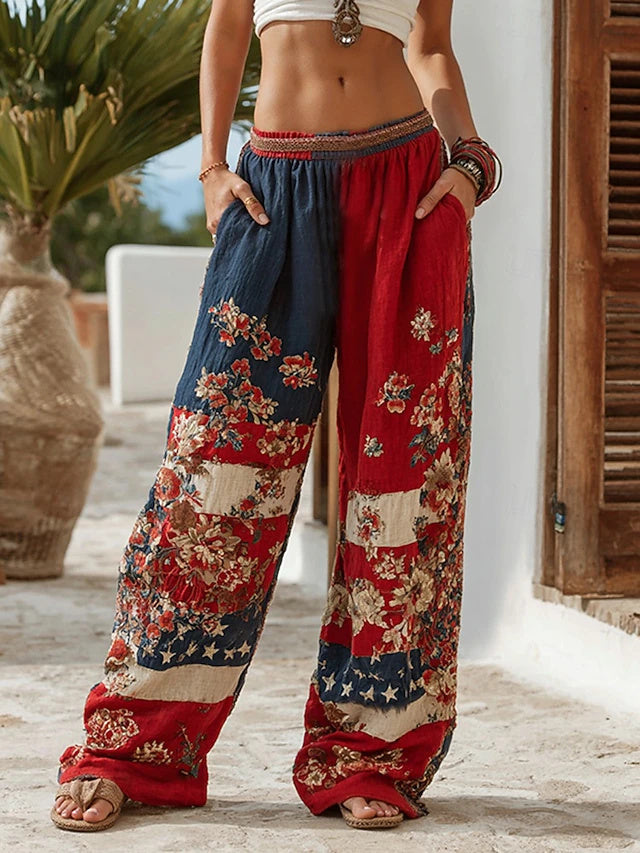 Ethnic Printed Wide Leg Pants Quick-dry Non-Stretch Spring Summer