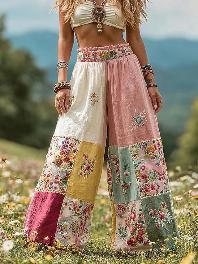 Ethnic Printed Wide Leg Pants Quick-dry Non-Stretch Spring Summer