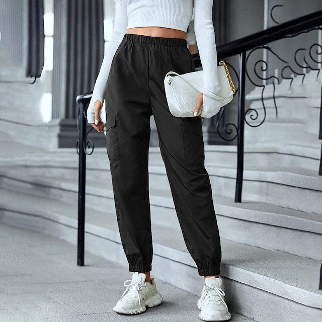 Solid Full Length Cargo Pants Elastic Waist Summer